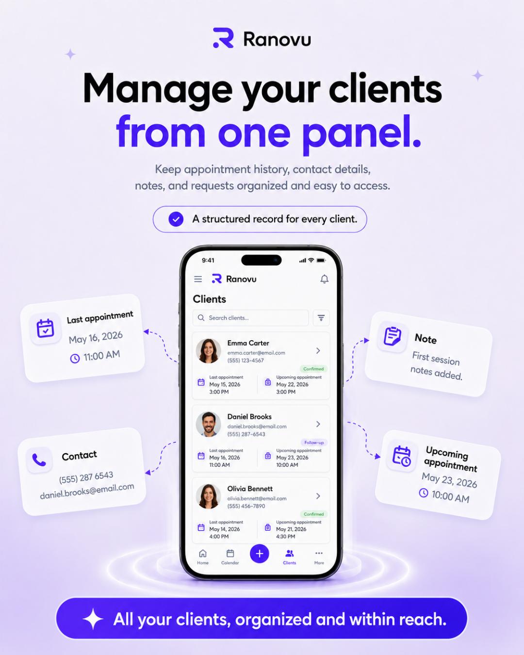 Ranovu client list - appointment history and communication panel