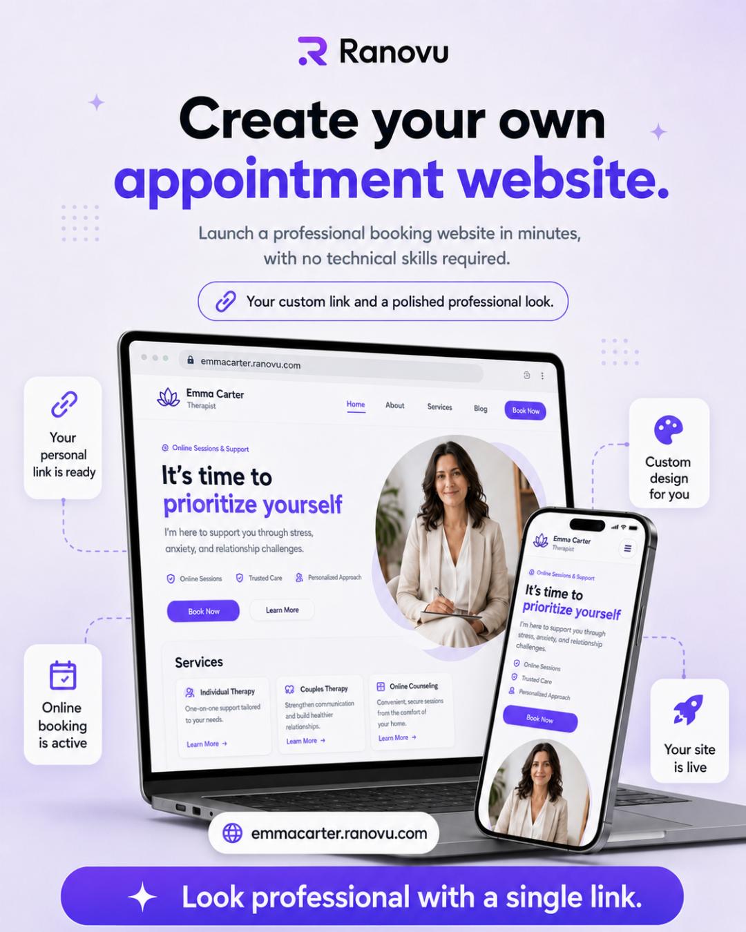 Ranovu personal booking website example - yourname.ranovu.com
