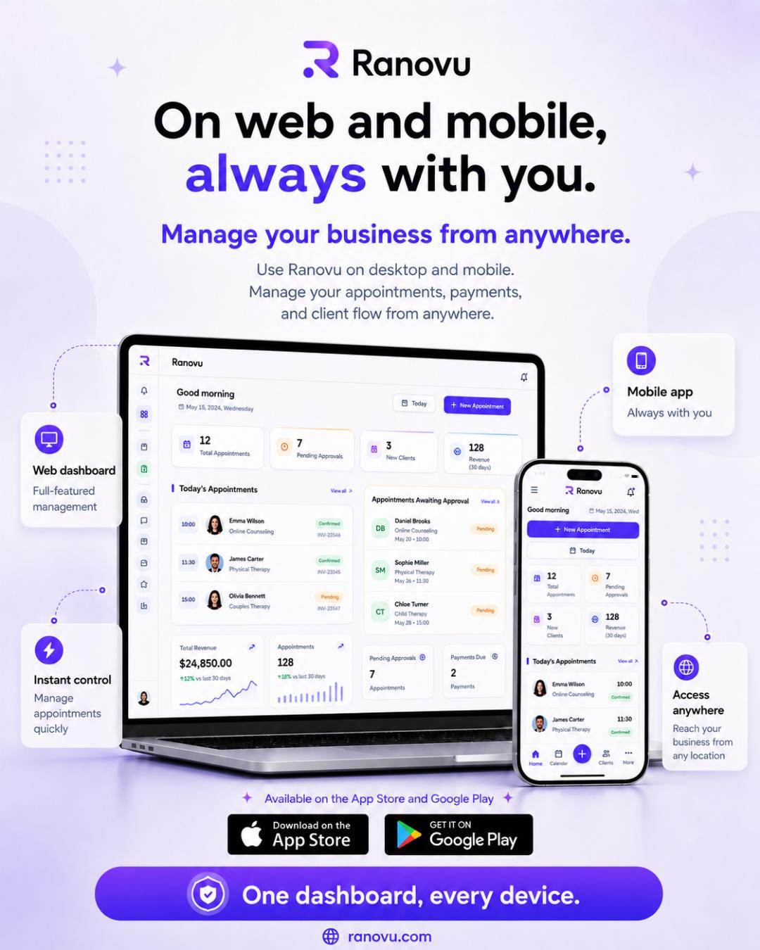 Ranovu web dashboard and mobile app side by side