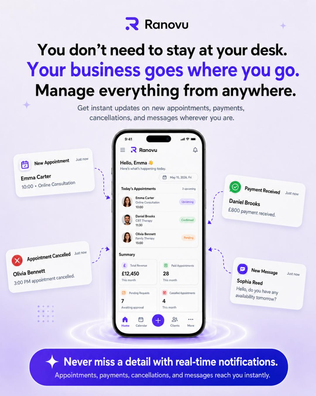 Ranovu mobile app - instant booking and payment notifications