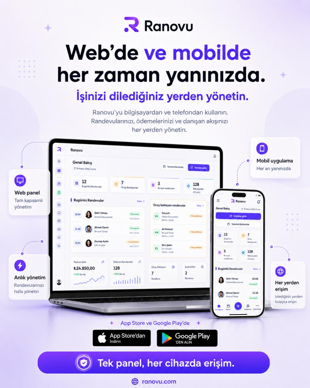 Ranovu web paneli ve mobil uygulama yan yana