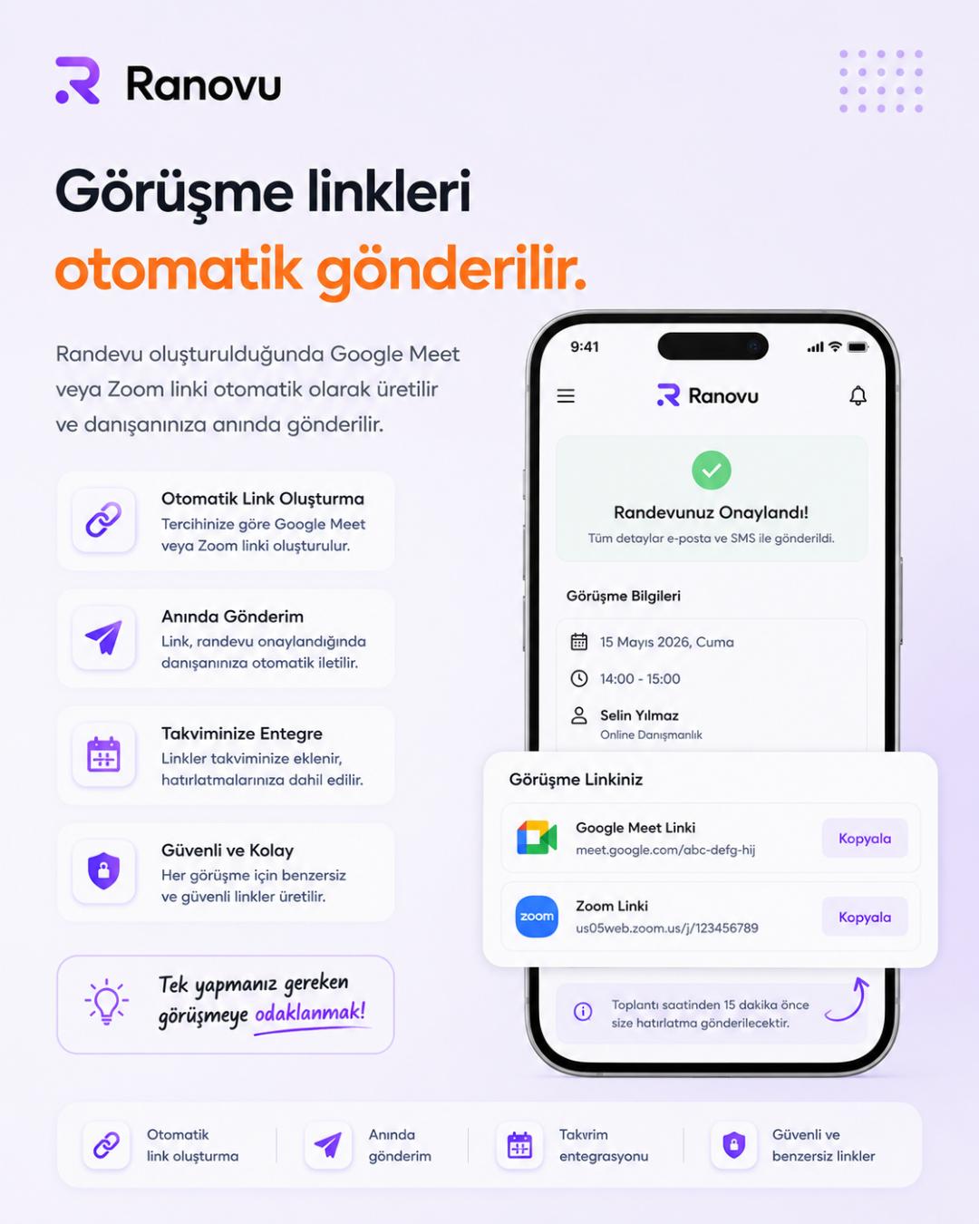Ranovu otomatik Google Meet ve Zoom link gönderimi