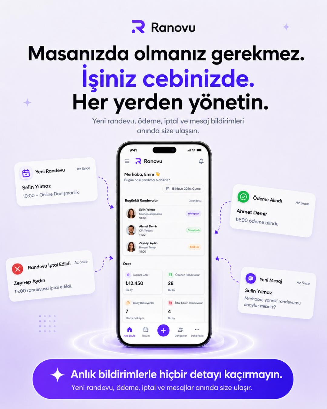 Ranovu mobil uygulama - anlık randevu ve ödeme bildirimleri